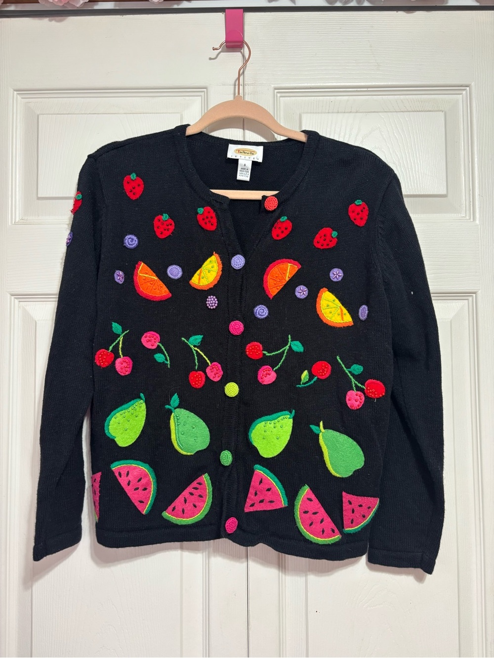 Talbots Black Cardigan Sweater with Colorful Fruit Appliques